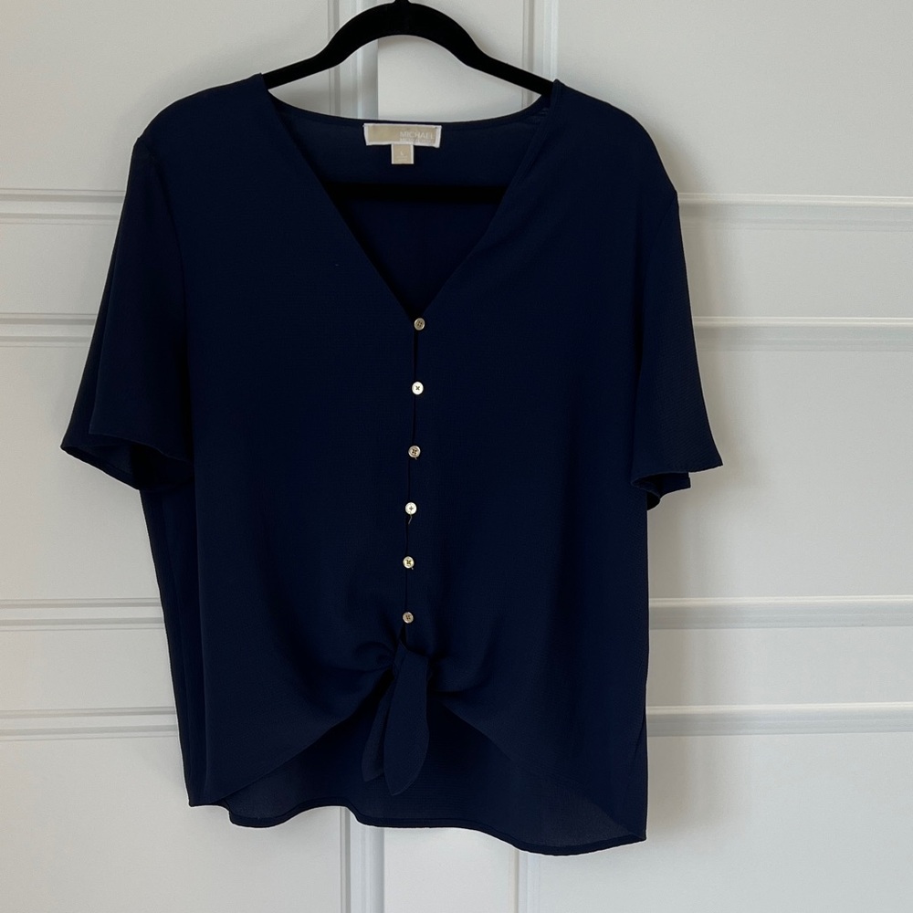 Michael Kors Navy Blue Button Front Tie Hem Blouse Top Size L